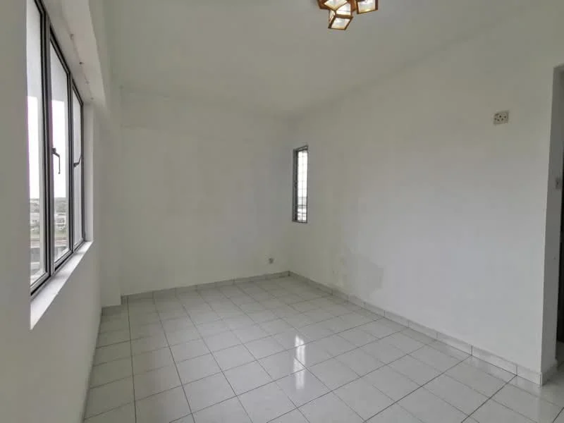 Room features: white painted walls, glossy white tile flooring, single light fixture, floor-to-ceiling windows, window treatments not visible; style: minimalist; view: city.