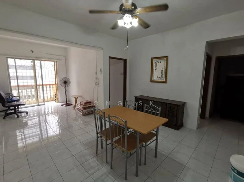 Dining features: white painted walls, glossy white tile flooring, 5-blade ceiling fan with light, dining table with four chairs, framed artwork on wall, wooden sideboard, floor-to-ceiling windows, curtains, balcony access, office chair, desk, fan; style: minimalist.