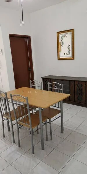 Dining features: square dining table with wooden top, four metal dining chairs with backrest, brown wooden sideboard cabinet, white painted walls, ceramic tile flooring, framed artwork on wall, ceiling fan with light; style: modern.