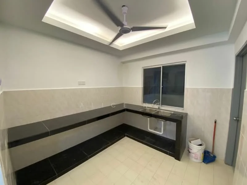Room features: white painted walls, black tiled backsplash, black countertop, single-bowl stainless-steel sink, chrome pull-down faucet, floor-to-ceiling window, ceiling fan, recessed lighting, light-colored floor tiles, utility bucket; style: modern.