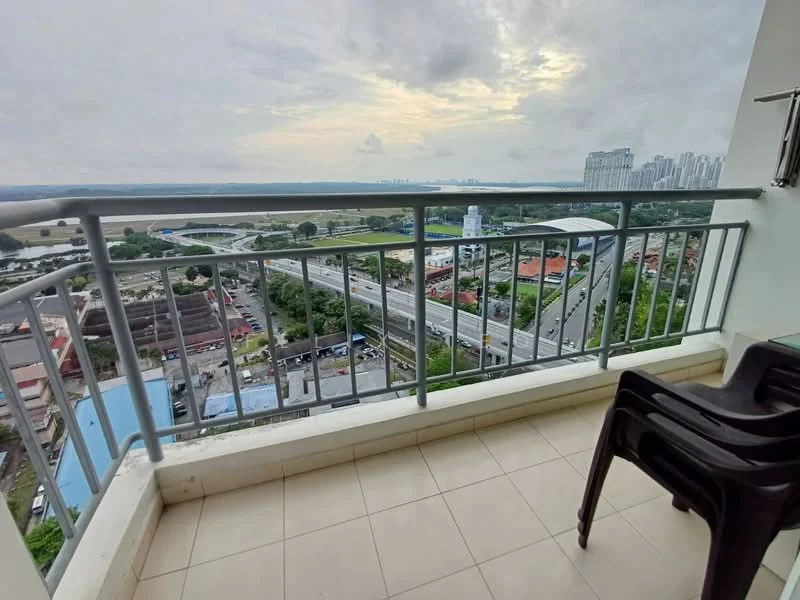 Room features: balcony with railing, tile flooring, city view, outdoor seating area, partial view of highway, greenery in the vicinity, cloudy sky; view: city.