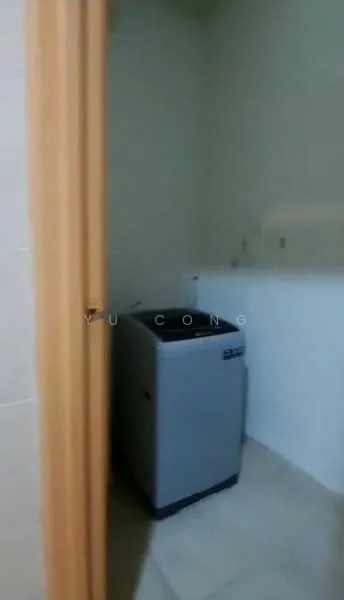 Laundry features: top-load washing machine, light-colored walls, tile flooring, door frame, plumbing connections visible.