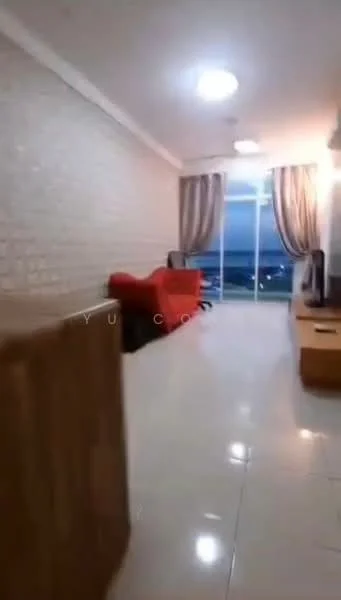 Living features: white painted walls, cream tiled flooring, large glass sliding door, floor-to-ceiling windows, curtains, sofa in red, wooden TV console, wall-mounted TV, ceiling lights; style: modern; view: city.