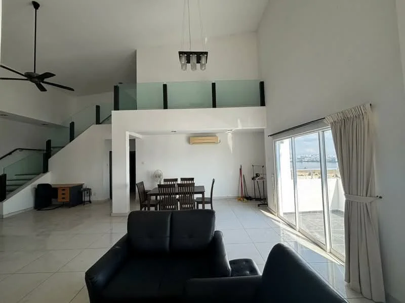 Living features: white painted walls, tile flooring, 5-blade ceiling fan, recessed downlights, large sliding glass door, floor-to-ceiling windows, dining table with chairs, black leather sofa, air conditioning unit, open-plan layout, glass railing on upper level; style: modern; view: city.