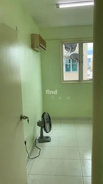 Room features: light green painted walls, white tiled flooring, 1 wall-mounted split AC, 1 ceiling fan, window with view, door leading to hallway.