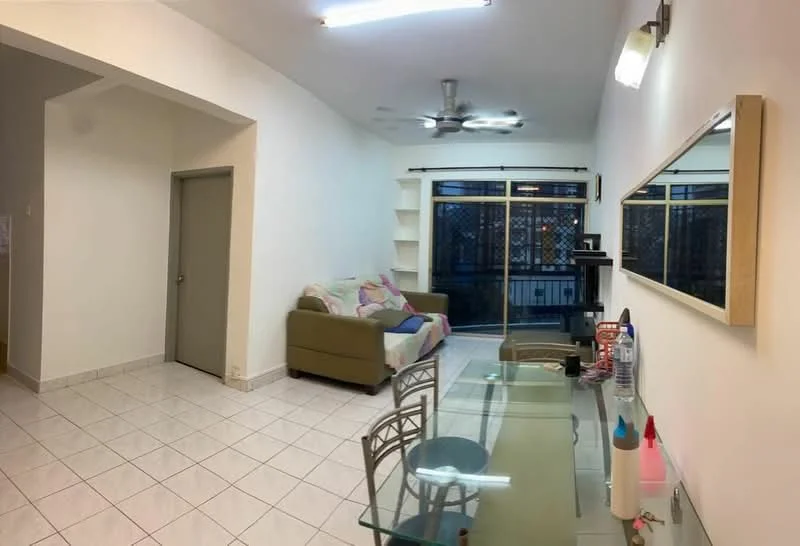 Living features: white painted walls, tiled flooring, 5-blade ceiling fan with light, sofa in light fabric, glass dining table, metal dining chairs, wall-mounted mirror, shelves on wall, sliding glass door leading to balcony, curtains, decorative items on table; style: modern.