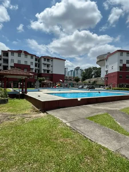 Exterior type: low-rise apartment block; features: swimming pool, pool deck with loungers, landscaped garden, manicured lawn, perimeter fence, covered gazebo, multiple-storey residential buildings, concrete pathway; style: modern.