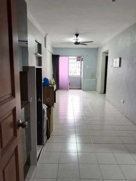 Room features: white painted walls, light grey accent wall, white ceiling, ceiling fan, tiled flooring, window with sheer curtains, open shelving, wooden door, door frame, storage cabinets, light purple wall, corner with items stacked; style: modern.