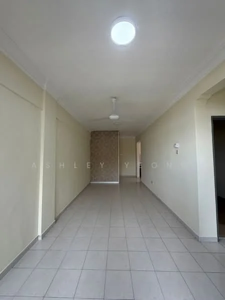 Room features: white painted walls, cream tiled flooring, ceiling with crown moulding, recessed ceiling light, ceiling fan, wall with patterned wallpaper, doorway leading to another room, doorway leading to hallway.