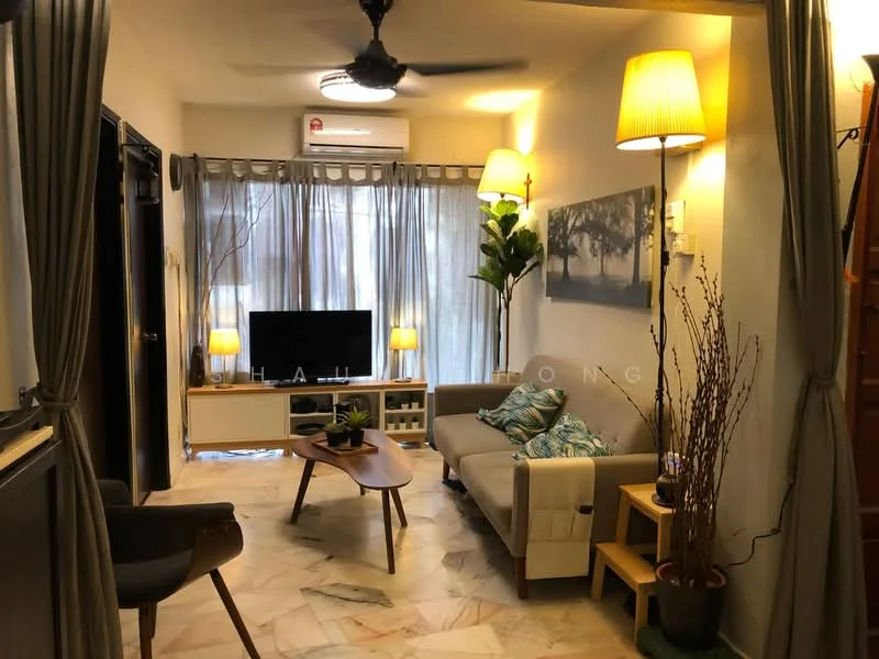 Living features: 3-seater fabric sofa in light grey, wooden coffee table, TV console with TV, floor-to-ceiling windows with sheer curtains, ceiling fan with light, lampshade floor lamp, decorative plants, marble flooring, wall-mounted artwork, built-in shelving unit; style: modern.