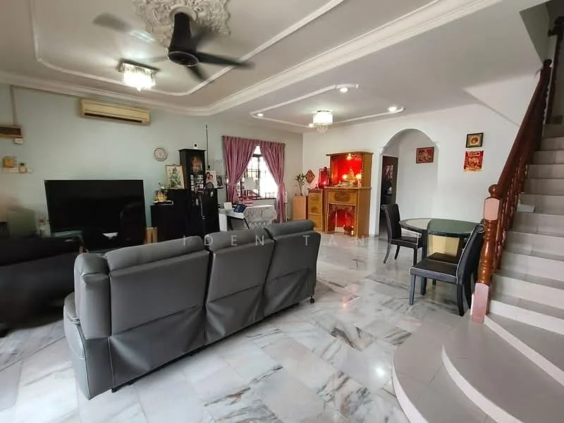 Living features: marble flooring, white painted walls, tray ceiling, 5-blade ceiling fan, sofa in grey, coffee table, TV console, wall-mounted TV, decorative cabinet with lighting, curtains in purple, area rug, dining table with chairs; style: contemporary. Room features: staircase with wooden railing, arched doorway.