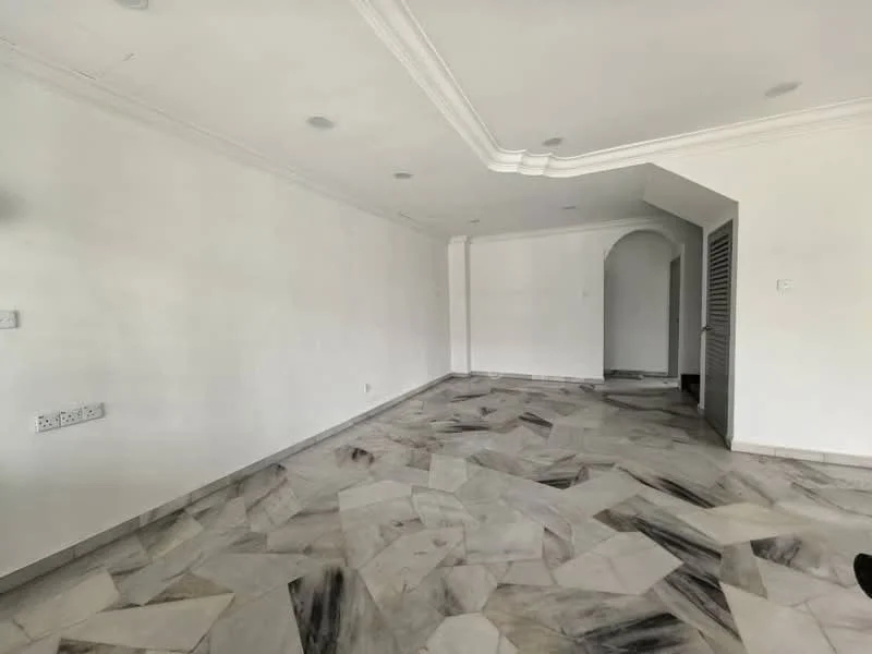 Room features: white painted walls, marble tile flooring, tray ceiling, recessed downlights, arched doorway, corner with louvered door, neutral color scheme; style: modern.
