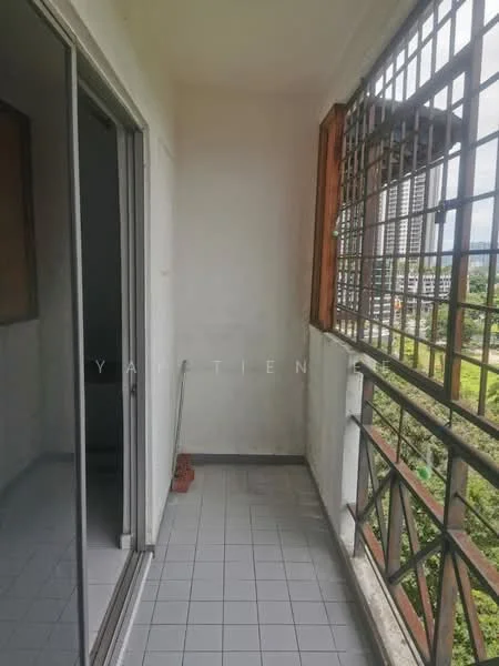 Room features: tiled flooring, sliding glass door, grilled window, exposed concrete walls, natural light from window, view of greenery, open balcony space; view: garden.