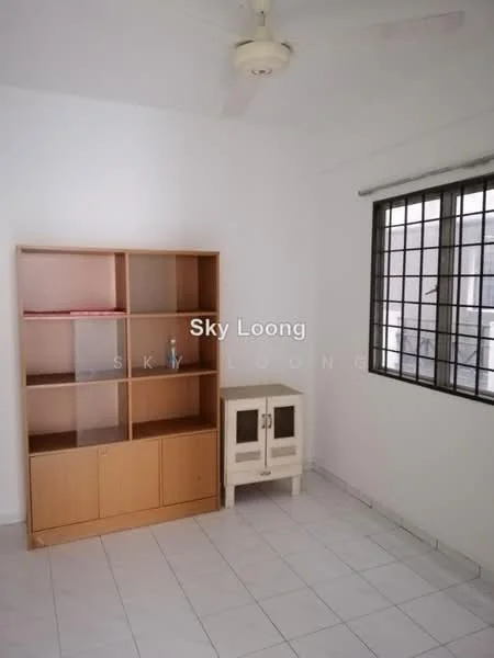 Room features: white painted walls, tile flooring, ceiling fan, window with grid pattern, wooden bookshelf, white cabinet, natural light from window; style: minimalist.