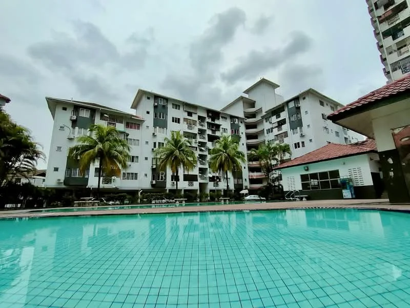 Exterior type: mid-rise condominium; features: swimming pool, palm trees, manicured landscaping, balconies on upper floors, grey painted facade, red tiled roof, pool deck with loungers, surrounded by greenery; style: modern.