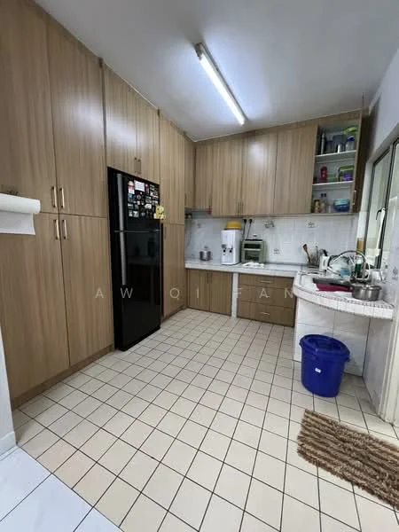 Kitchen features: wood cabinetry, black refrigerator, white countertop, double-bowl stainless-steel sink, chrome pull-down faucet, tile backsplash, ceramic tile flooring, window above sink, built-in microwave, kettle, toaster, dishwasher, area rug with geometric pattern, wall-mounted shelves; style: modern.