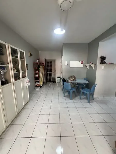 Room features: white painted walls, tile flooring, ceiling fan, built-in cabinets, open shelving, dining table with plastic chairs, light fixture, doorway leading to another room; style: modern.