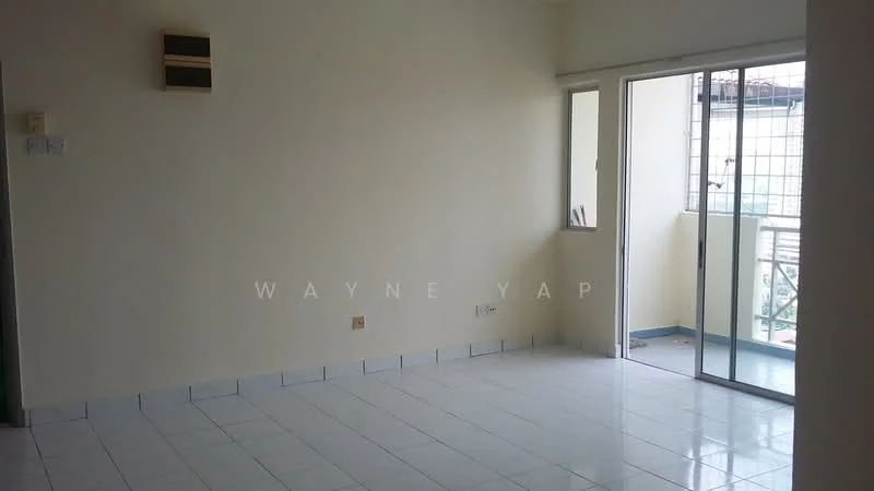 Room features: white painted walls, white tiled flooring, sliding glass door, balcony access, window with grid, light switch, air conditioning unit, corner wall with no visible features.