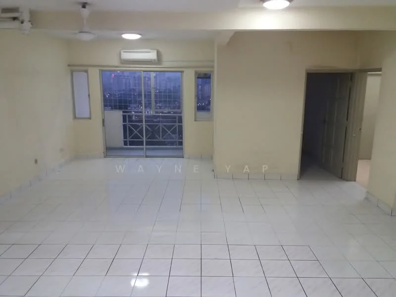Room features: white painted walls, marble tile flooring, ceiling fan, 2 windows, sliding glass door to balcony, air conditioning unit, recessed ceiling lights, neutral color scheme; view: city.
