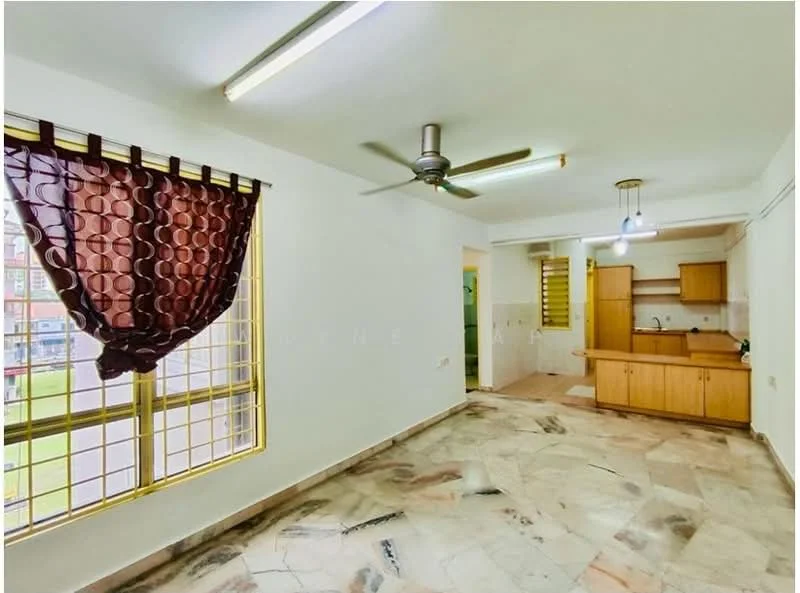 Living features: marble flooring, white painted walls, 5-blade ceiling fan, window with brown sheer curtains, open layout to kitchen, kitchen counter with wooden cabinetry, light fixture, natural light from window; style: modern; view: garden.