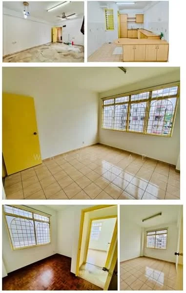 Kitchen features: wood cabinetry, ceramic tile flooring, single-bowl stainless-steel sink, built-in countertop, window with grid pattern, light fixture, wall-mounted cabinets. Living features: tile flooring, large windows with grid pattern, yellow painted walls, ceiling fan, light fixture, doorway to other rooms. Bedroom features: parquet wood flooring, large windows with grid pattern, yellow painted walls, light fixture, doorway to hallway.