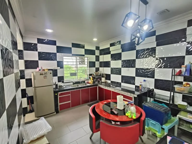 Kitchen features: black and white checkered wall tiles, red cabinetry, black countertop, stainless-steel fridge, sink with faucet, kitchen island with round red table, four chairs around table, open shelving, window with grid pattern, recessed ceiling lights, tile flooring; style: modern; view: garden.