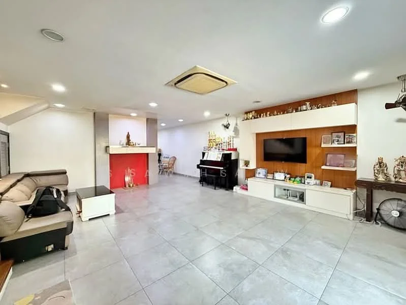 Living features: grey tile flooring, white painted walls, recessed downlights, ceiling-mounted air conditioning unit, built-in wooden cabinetry, wall-mounted TV, black piano, decorative items on shelves, red accent wall, sofa in beige fabric, coffee table, fan, open layout; style: modern.