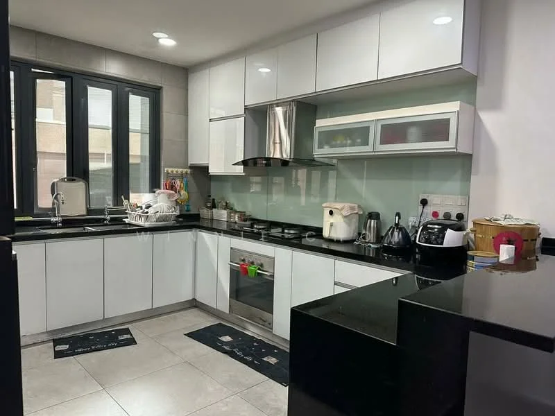 Kitchen features: white flat-panel cabinets, black granite countertop, stainless-steel range hood, built-in oven, 4-burner gas hob, double-bowl stainless-steel sink, chrome pull-down faucet, black tile backsplash, ceramic tile flooring, recessed downlights, floor-to-ceiling windows, dishwasher, microwave, kettle, toaster; style: modern.