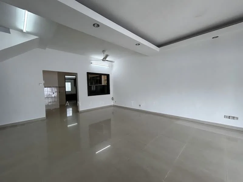 Living features: white painted walls, polished ceramic tile flooring, recessed downlights, 5-blade ceiling fan, large window, open layout, neutral color scheme, corner space; style: modern. Room features: white painted walls, ceramic tile flooring, doorway leading to another room.
