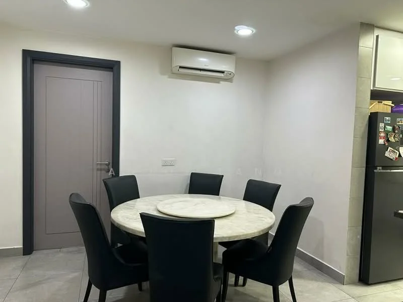 Dining features: round marble dining table, 6 upholstered dining chairs in black, wall-mounted split AC, light grey painted walls, grey tiled flooring, recessed ceiling lights, door with grey frame, fridge visible in background; style: modern.