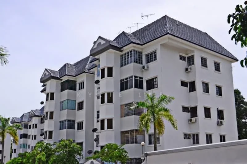 Exterior type: low-rise apartment block; features: white painted facade, pitched tile roof, approximately 4-storey, balconies with metal railings, multiple air conditioning units visible, satellite dishes on facade, manicured landscaping with palm trees, surrounding greenery; style: modern.