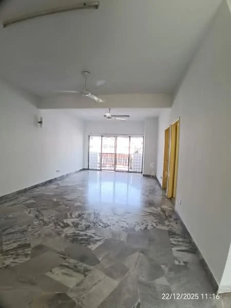 Living features: white painted walls, marble flooring, 2 ceiling fans, large sliding glass door, grid-patterned window, natural light from window, open layout, neutral color scheme; style: modern; view: city.