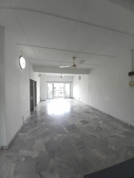 Room features: white painted walls, marble flooring, ceiling fan, large windows, sliding glass door, natural light, neutral color scheme, open layout; style: modern; view: city.