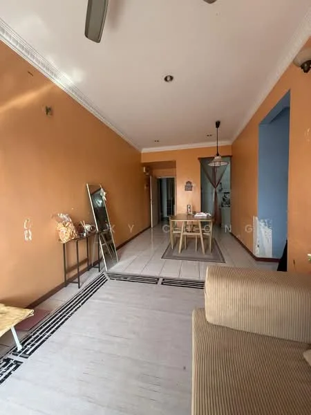 Living features: orange painted walls, wooden flooring, ceiling fan, dining table with chairs, mirror, sofa, decorative wall light, open layout, tile flooring, doorway leading to other rooms.