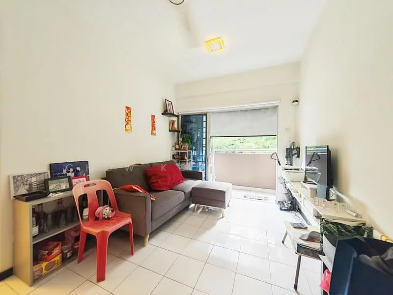 Living features: grey fabric sofa, ottoman, white TV console, wall-mounted TV, floor-to-ceiling windows, sliding glass door, white tiled flooring, ceiling fan with light, decorative wall art, open shelving unit, red plastic chair, houseplants in pots; style: modern; view: garden.