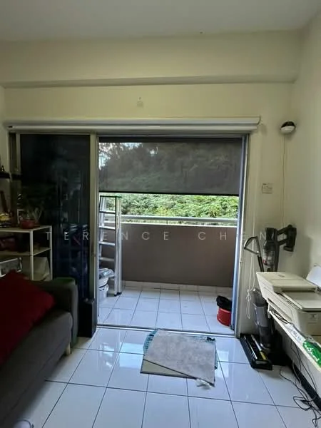 Living features: grey fabric sofa, white tiled flooring, sliding glass door, roller blinds, wall-mounted light fixture, open shelving unit, small area rug, printer, ladder visible outside; view: garden.