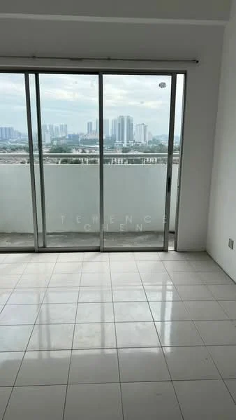 Room features: white painted walls, glazed sliding glass door, floor-to-ceiling windows, white tiled flooring, city skyline view; view: city.