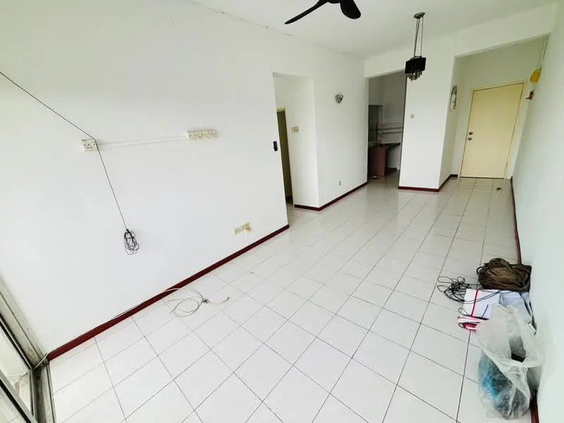 Room features: white painted walls, white tiled flooring, ceiling fan, single light fixture, doorway to kitchen, window with no visible treatment, power outlet, unfurnished space, visible wiring on wall, corner of room with debris; style: minimalist.