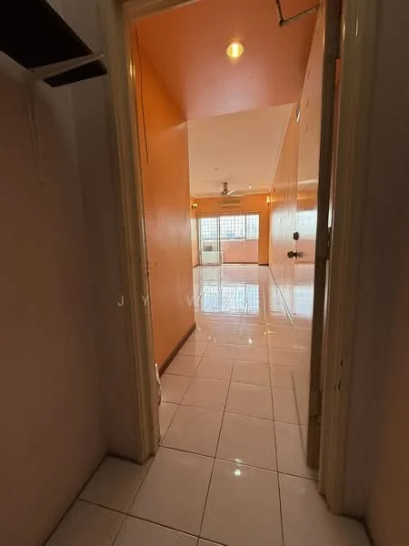 Room features: orange painted walls, white tiled flooring, ceiling light fixture, doorway leading to another room, window with grid pattern, wall-mounted shelving, smooth ceiling, open space layout; style: modern.