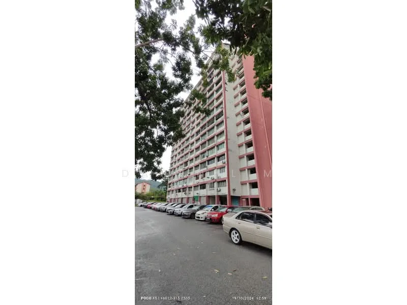 Exterior type: mid-rise condominium; features: pink painted facade, balconies on each floor, multiple storeys, surrounded by trees, open-air parking lot, cars parked along the street; style: modern.