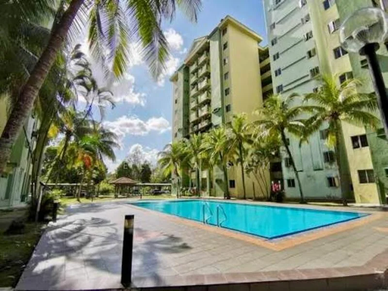 Exterior type: mid-rise condominium; features: swimming pool, pool deck with loungers, landscaped garden, palm trees, manicured lawn, covered gazebo, greenery surrounding the building, multiple-storey building, light fixtures around the pool area; style: modern.