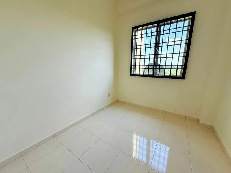 Room features: white painted walls, glossy ceramic tile flooring, black metal window grille, large window with view, natural light from window.