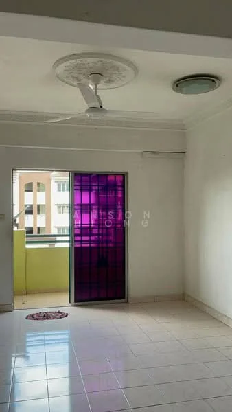 Room features: white painted walls, tile flooring, ceiling fan, recessed ceiling with decorative plaster, sliding glass door, purple tinted glass door, balcony access, round ceiling light; style: modern.