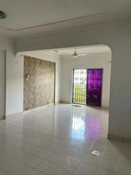 Room features: white painted walls, grey accent wall, ceramic tile flooring, ceiling fan, large window with purple curtains, door leading outside, corner with plumbing fixtures, crown moulding.