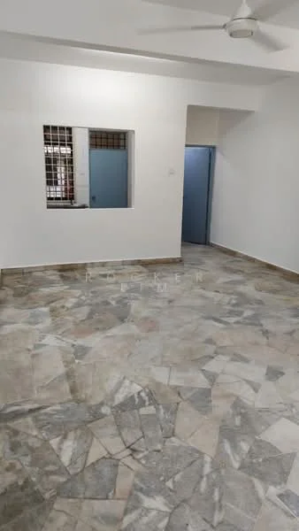 Room features: marble flooring, white painted walls, ceiling fan, window with security bars, two-tone wall with blue door, natural light from window, open layout; style: modern.