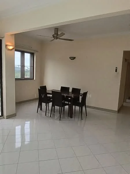 Dining features: 6-seater dining table, dark wooden dining chairs, white tiled flooring, cream painted walls, ceiling fan, wall-mounted light fixture, large window with view, corner staircase visible; style: modern.