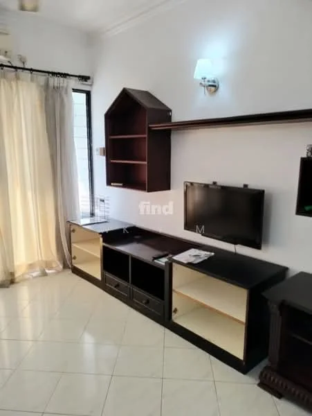 Living features: cream painted walls, white ceiling, tile flooring, built-in wall shelves, dark wood TV console, wall-mounted TV, curtains, sconce lighting; style: modern.