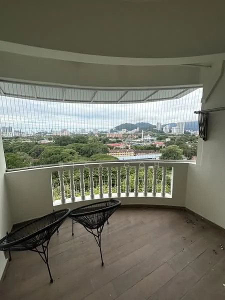 Balcony features: two black wicker chairs, white railing, wooden flooring, curved ceiling, city view, netting for safety; style: modern; view: city.