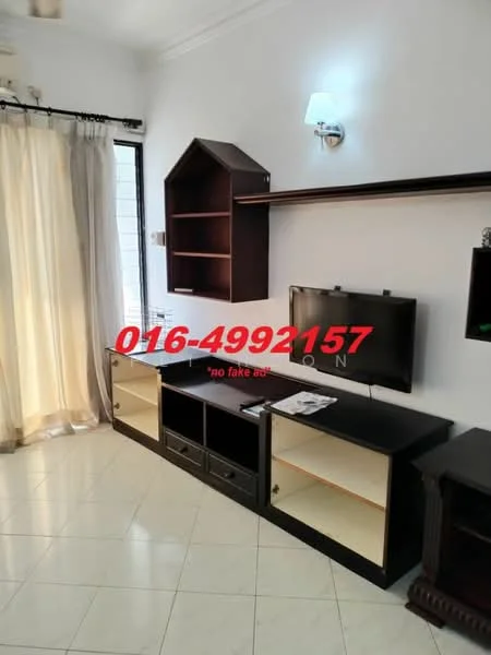 Living features: cream painted walls, white ceiling, tile flooring, wall-mounted TV, black TV console, open shelving unit, curtains, wall sconce lighting; style: modern.