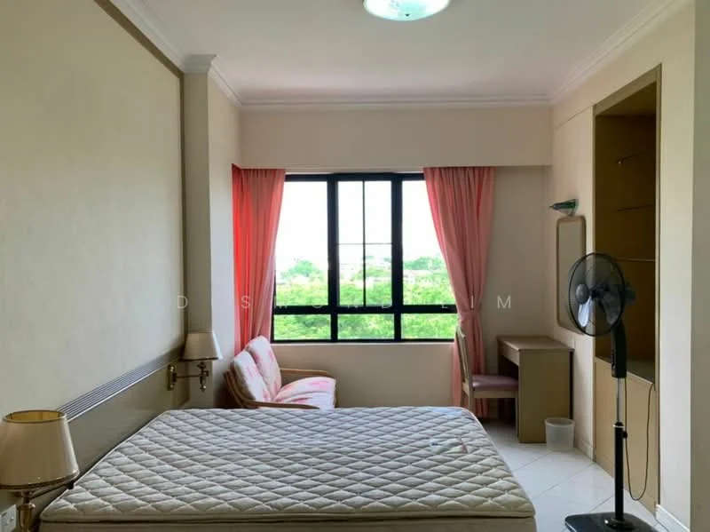 Bedroom features: queen-size bed, upholstered headboard, 2 bedside lamps, floor-to-ceiling window, curtains in pink, built-in wardrobe, study desk, chair, ceiling light fixture, white painted walls, tile flooring, fan; style: modern; view: garden.
